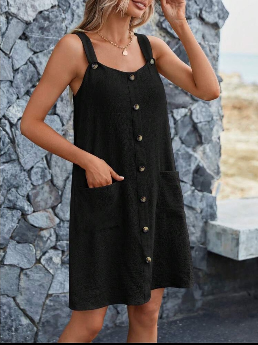 SHEIN Black Button-Front Mini Dress with Pockets